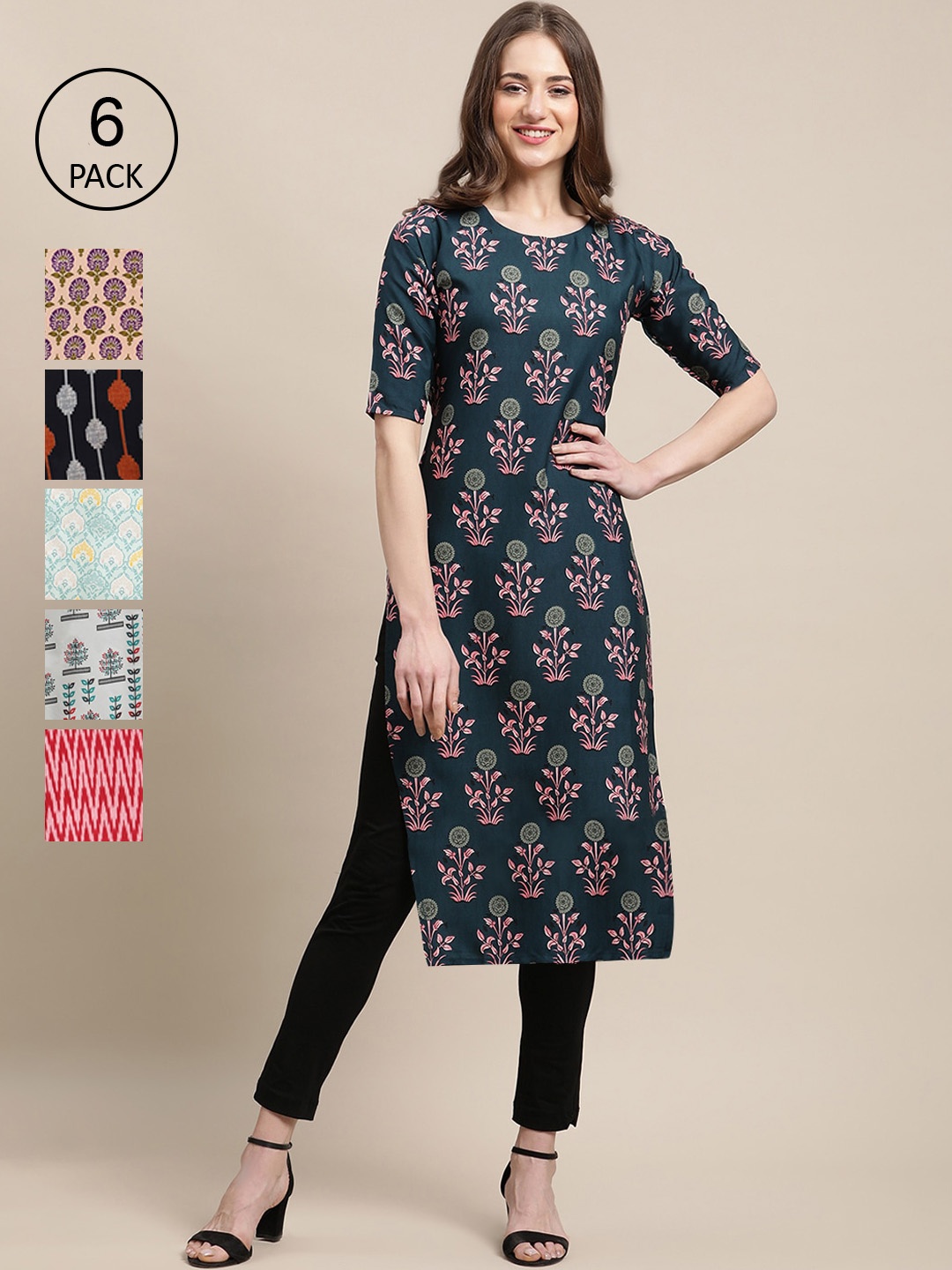

7Threads PACK OF 6 Women Ethnic Motifs Printed Summer Sheers Crepe Kurta, Red