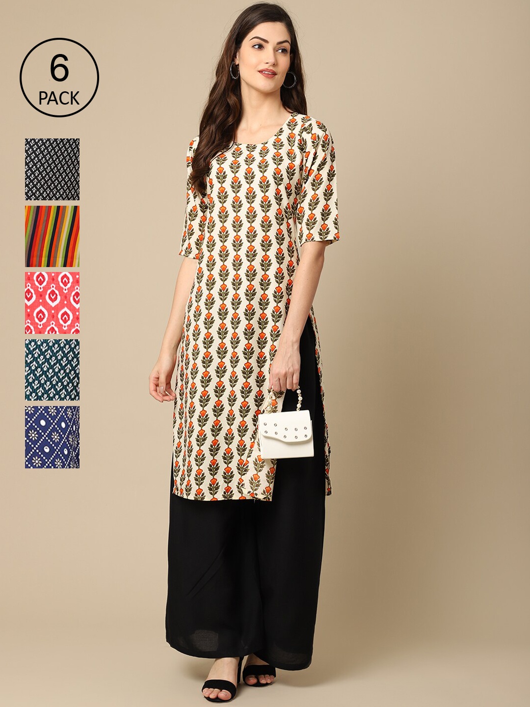 

7Threads PACK OF 6 Women Ethnic Motifs Printed Summer Sheers Crepe Kurta, Red