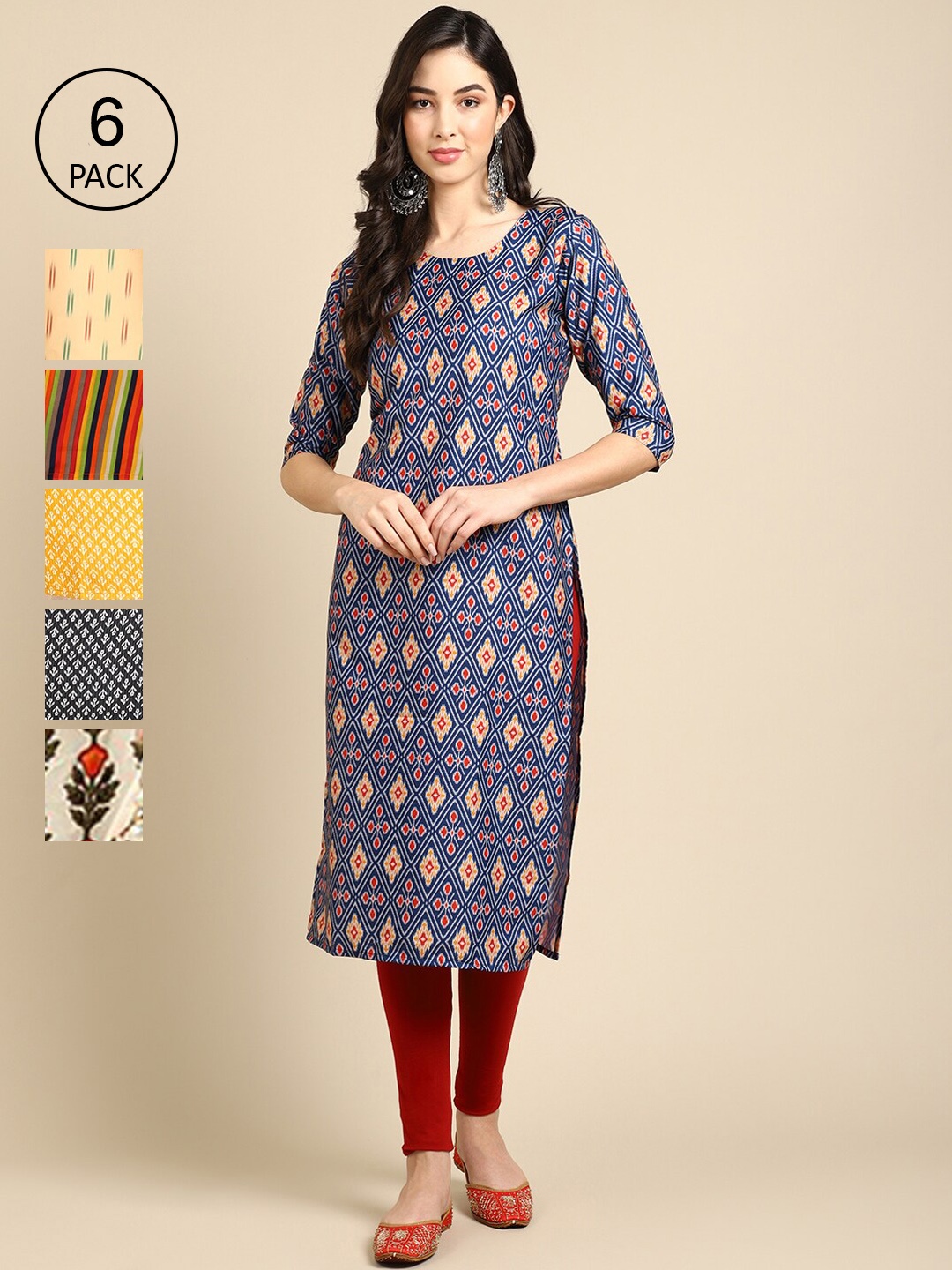 

7Threads Women Pack Of 6 Blue & Yellow Printed Crepe Kurta