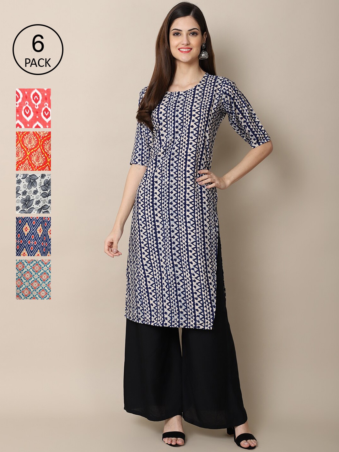 

7Threads Women Pack of 6 Blue & Red Printed Crepe Kurta