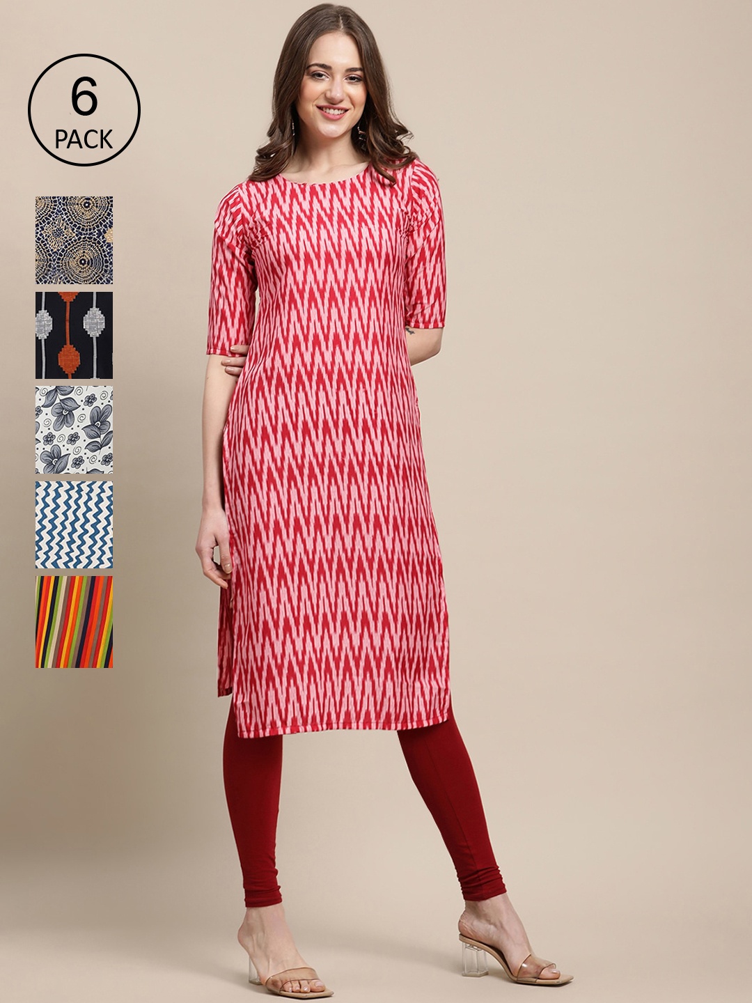 

7Threads Women Pack Of 6 Printed Crepe Kurta, Multi