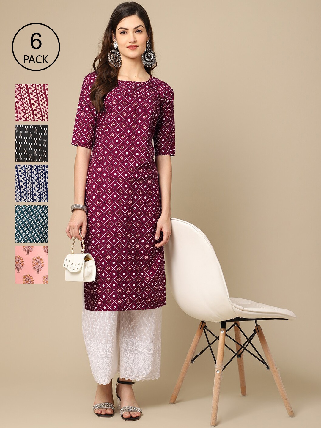 

7Threads Women Pack Of 6 Printed Crepe Kurta, Multi