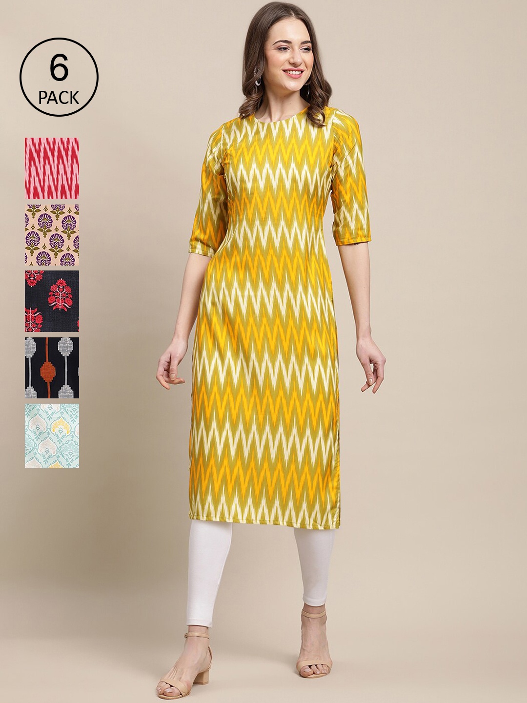 

7Threads Women Pack Of 6 Printed Crepe Kurta, Multi