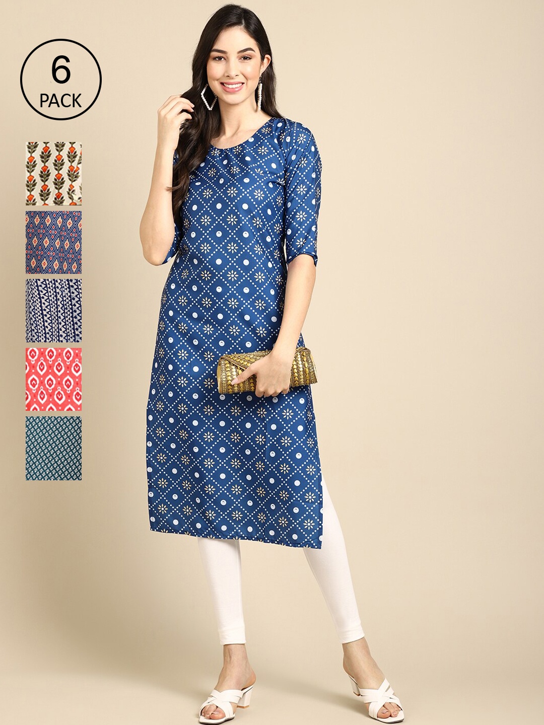 

7Threads Women Pack Of 6 Printed Crepe Kurta, Multi