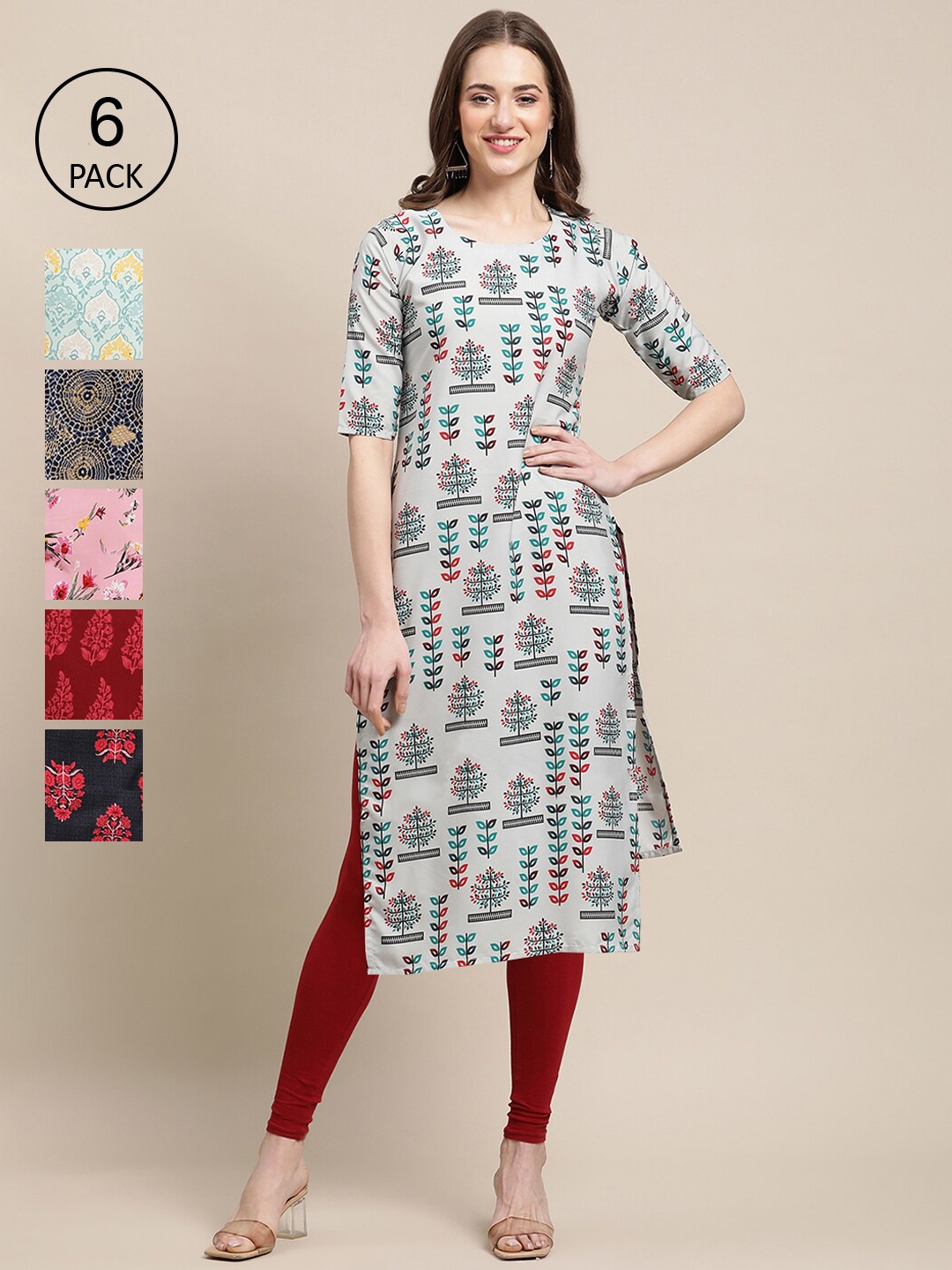 7Threads Women Pack Of 6 Printed Crepe Kurta, Multi