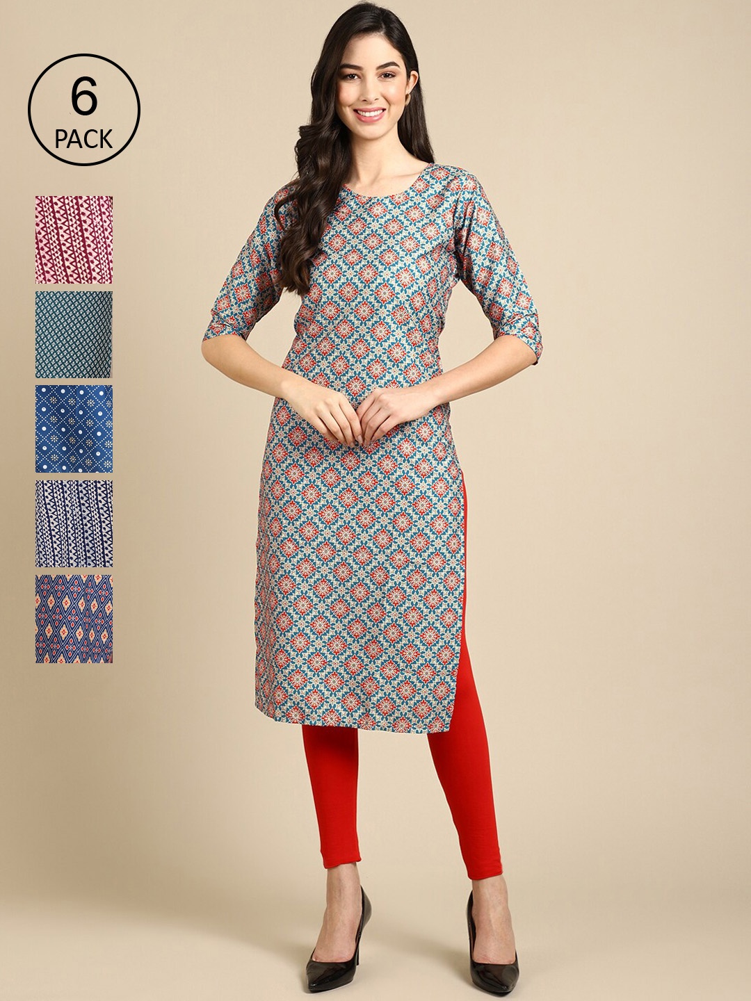 

7Threads Women Pack Of 6 Printed Crepe Kurta, Multi