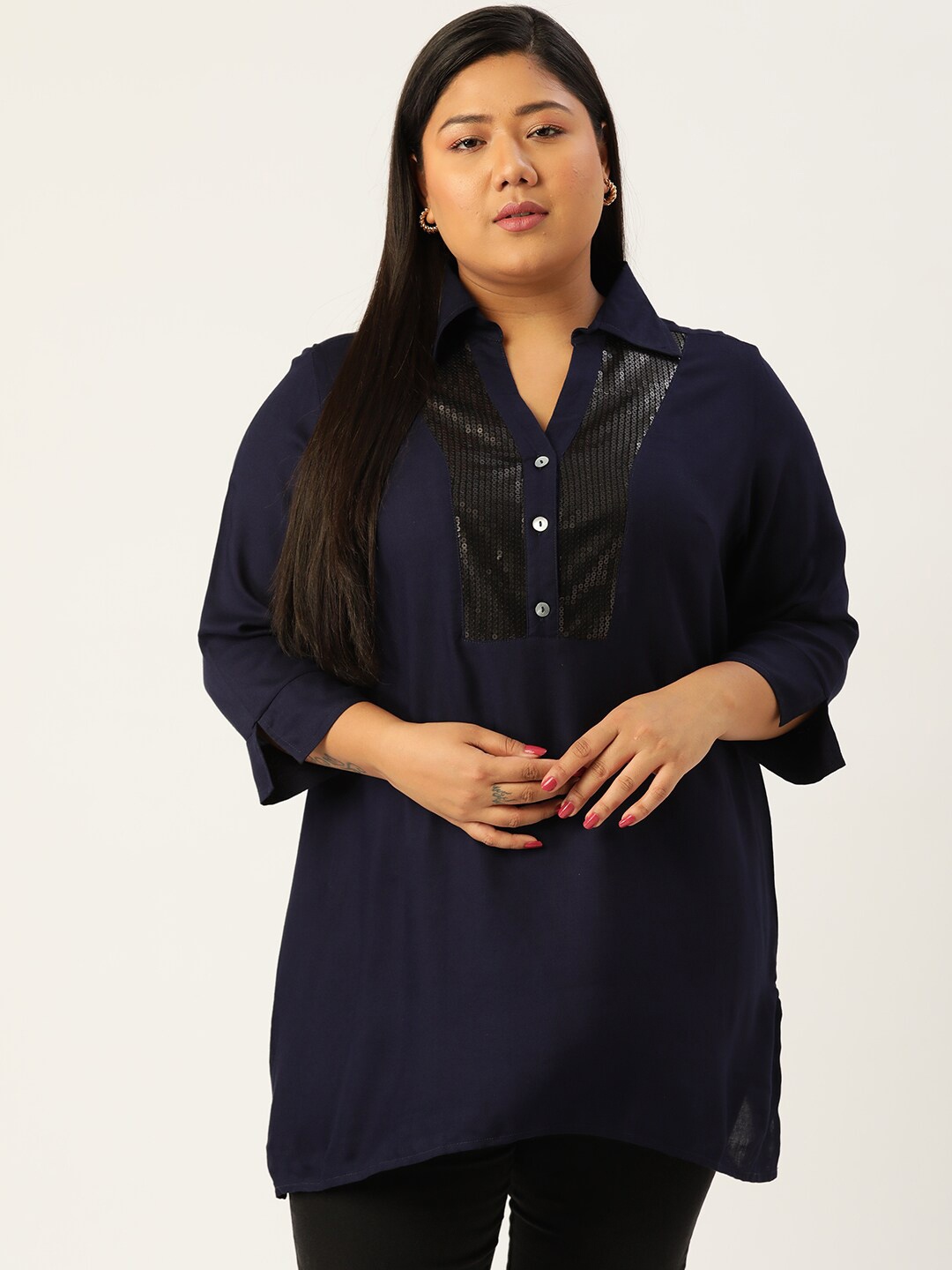 

theRebelinme Plus Size Navy Blue Sequined Longline Top
