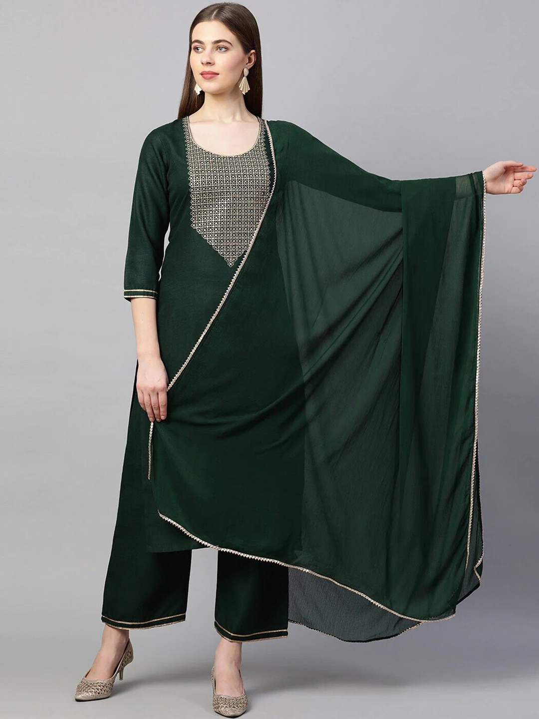 

MORLY Women Green Layered Kurti with Trousers & With Dupatta