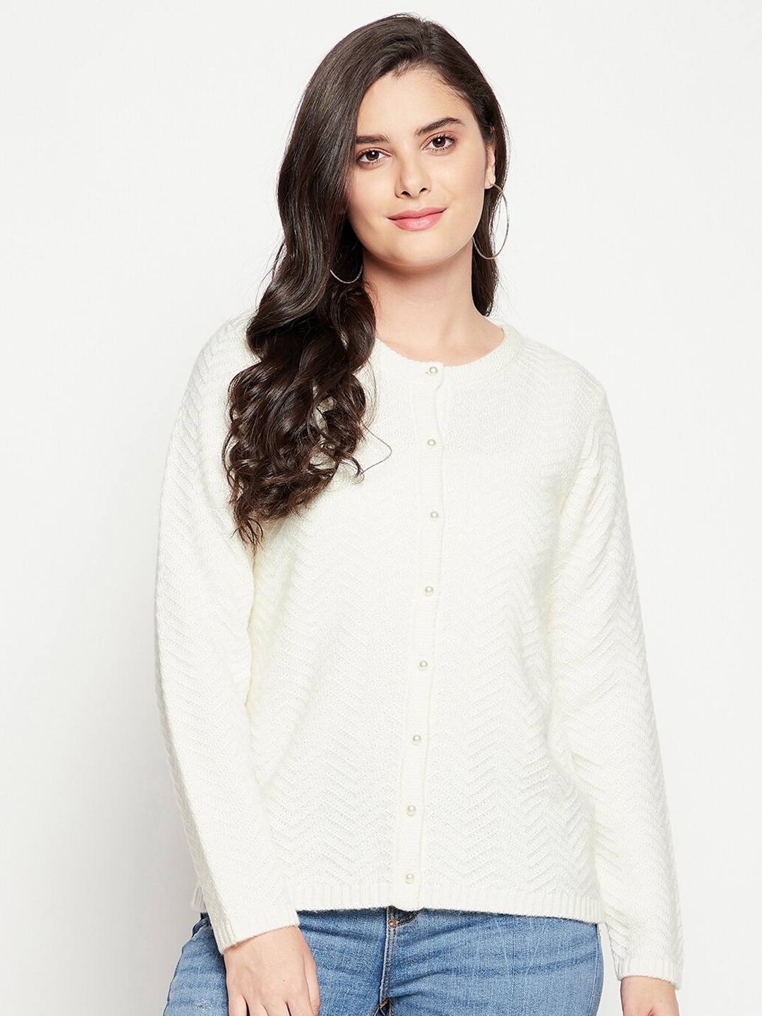 

Madame Women Off White Self Design Cardigan
