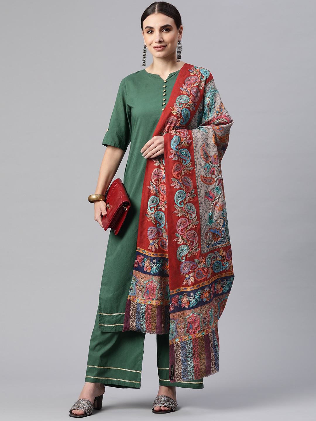 

WEAVERS VILLA Women Red & Beige Ethnic Motif Embroidered Woollen Shawl