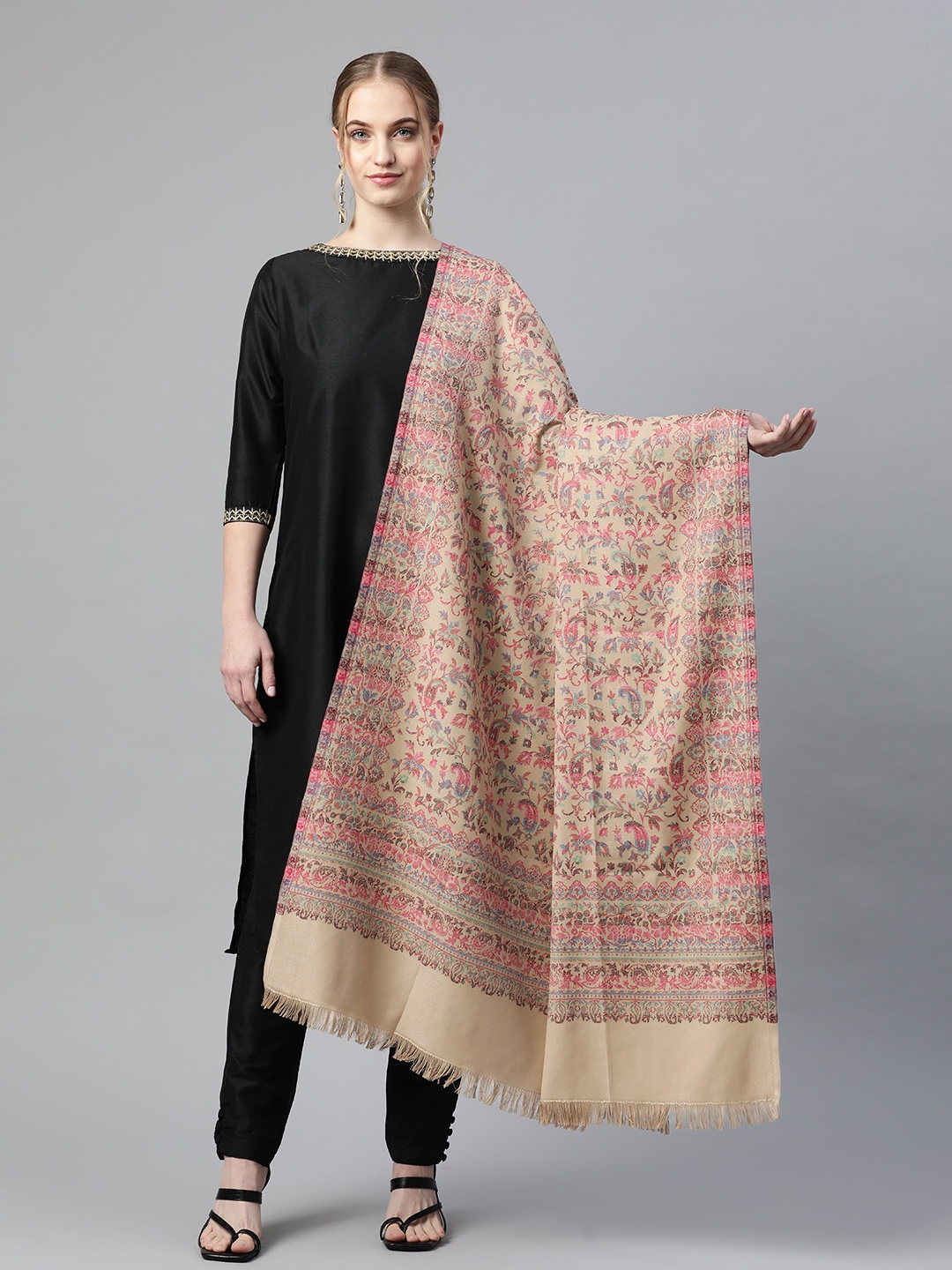 

WEAVERS VILLA Women Beige & Pink Ethnic Motifs Embroidered Shawl