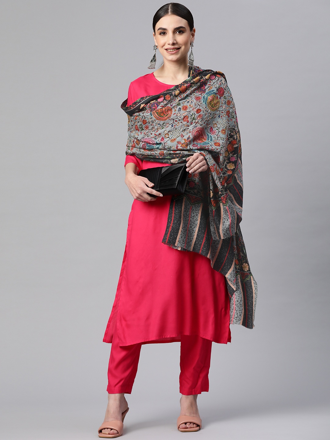 

WEAVERS VILLA Women Grey Pure Wool Woven Design Shawl