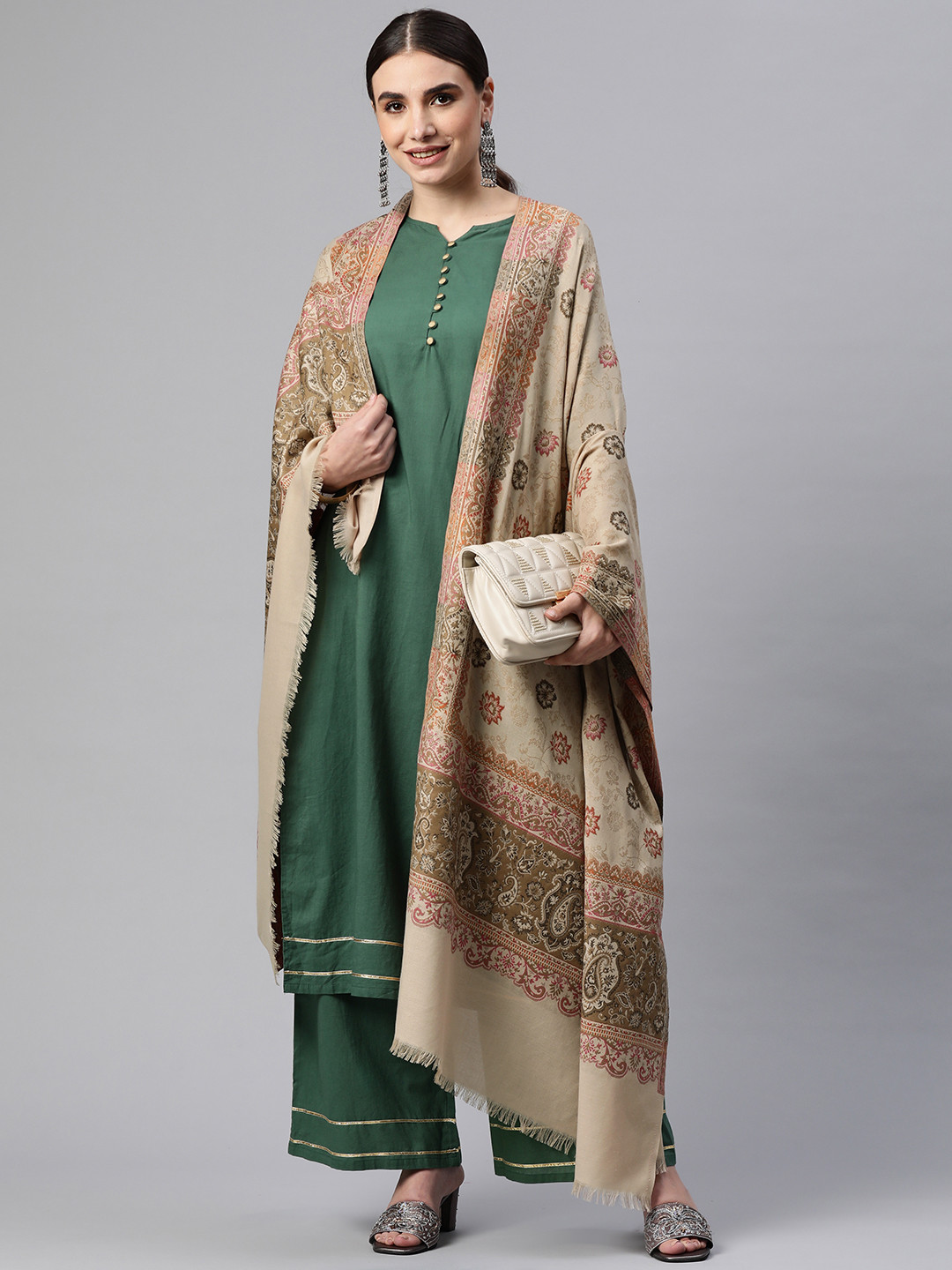 

WEAVERS VILLA Women Beige & Red Floral Woven Design Woollen Shawl