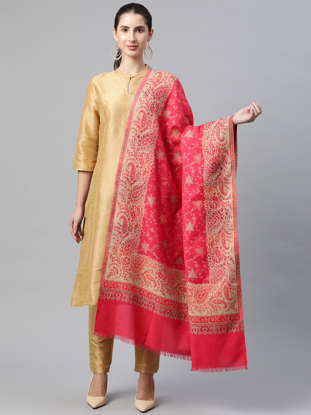 

WEAVERS VILLA Women Red & Beige Floral Printed Shawl