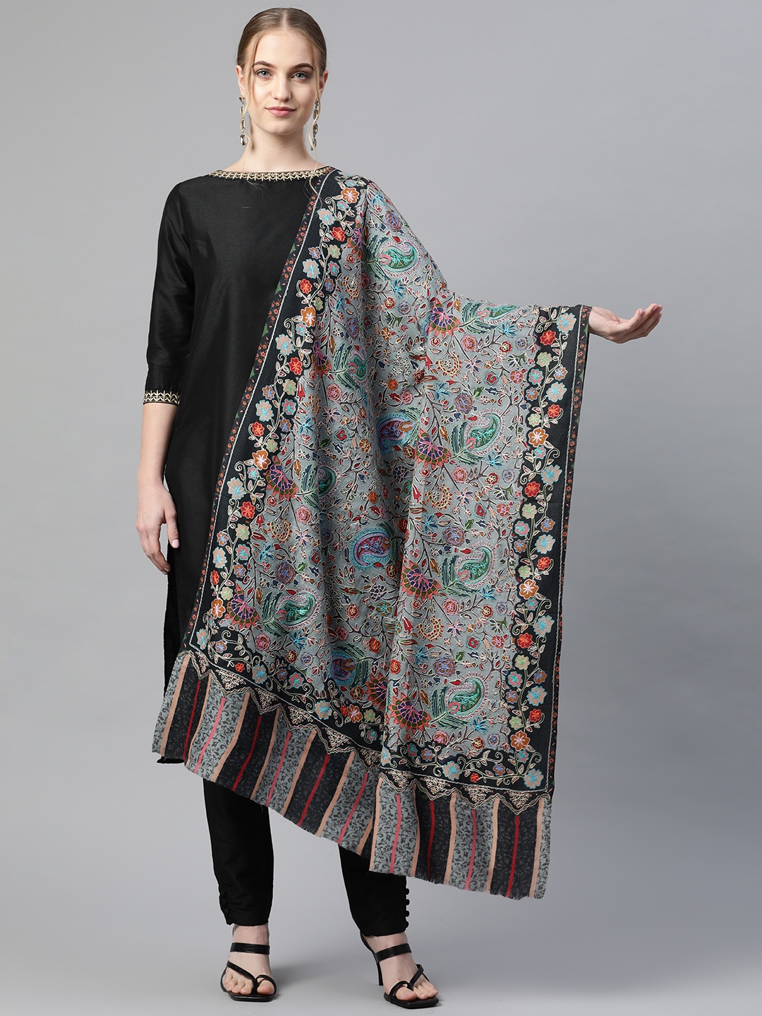 

WEAVERS VILLA Women Grey & Green Ethnic Motifs Embroidered Shawl
