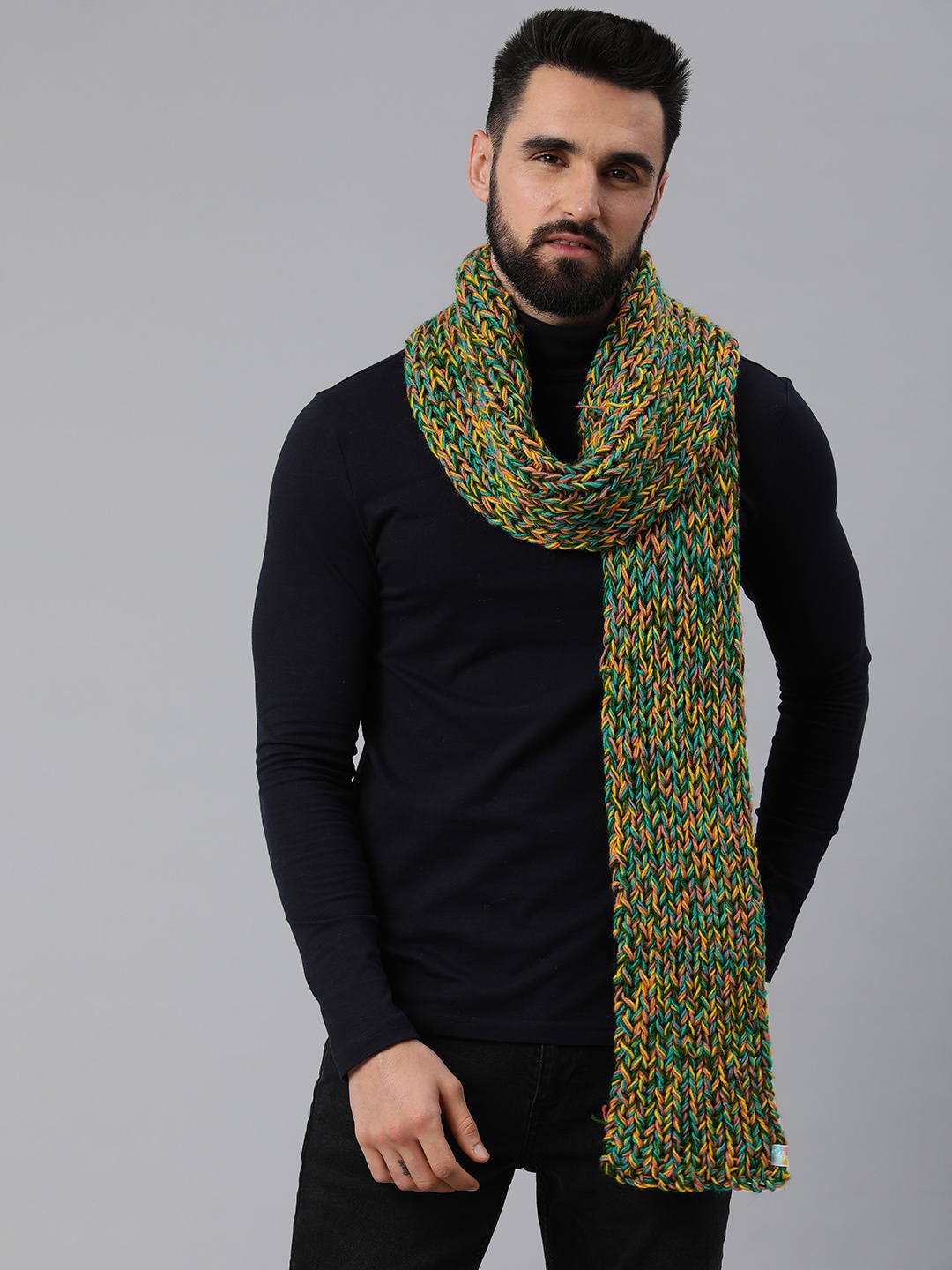 

Magic Needles Unisex Green & Mustard Embroidered Scarf