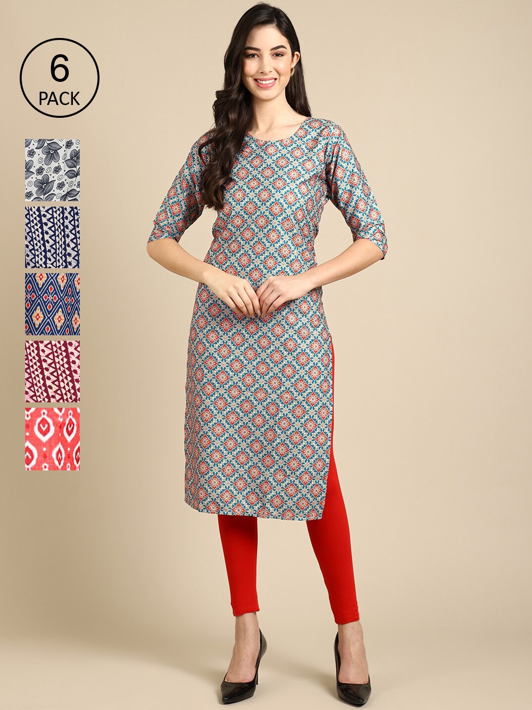 7Threads Women Pack Of 6 Printed Crepe Kurta, Multi