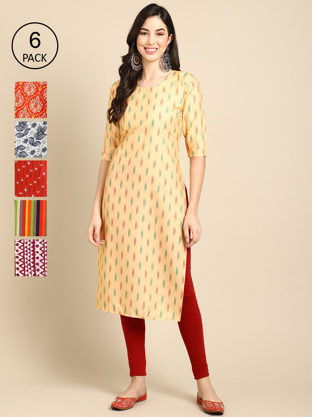 

7Threads Women Pack Of 6 Printed Crepe Kurta, Multi
