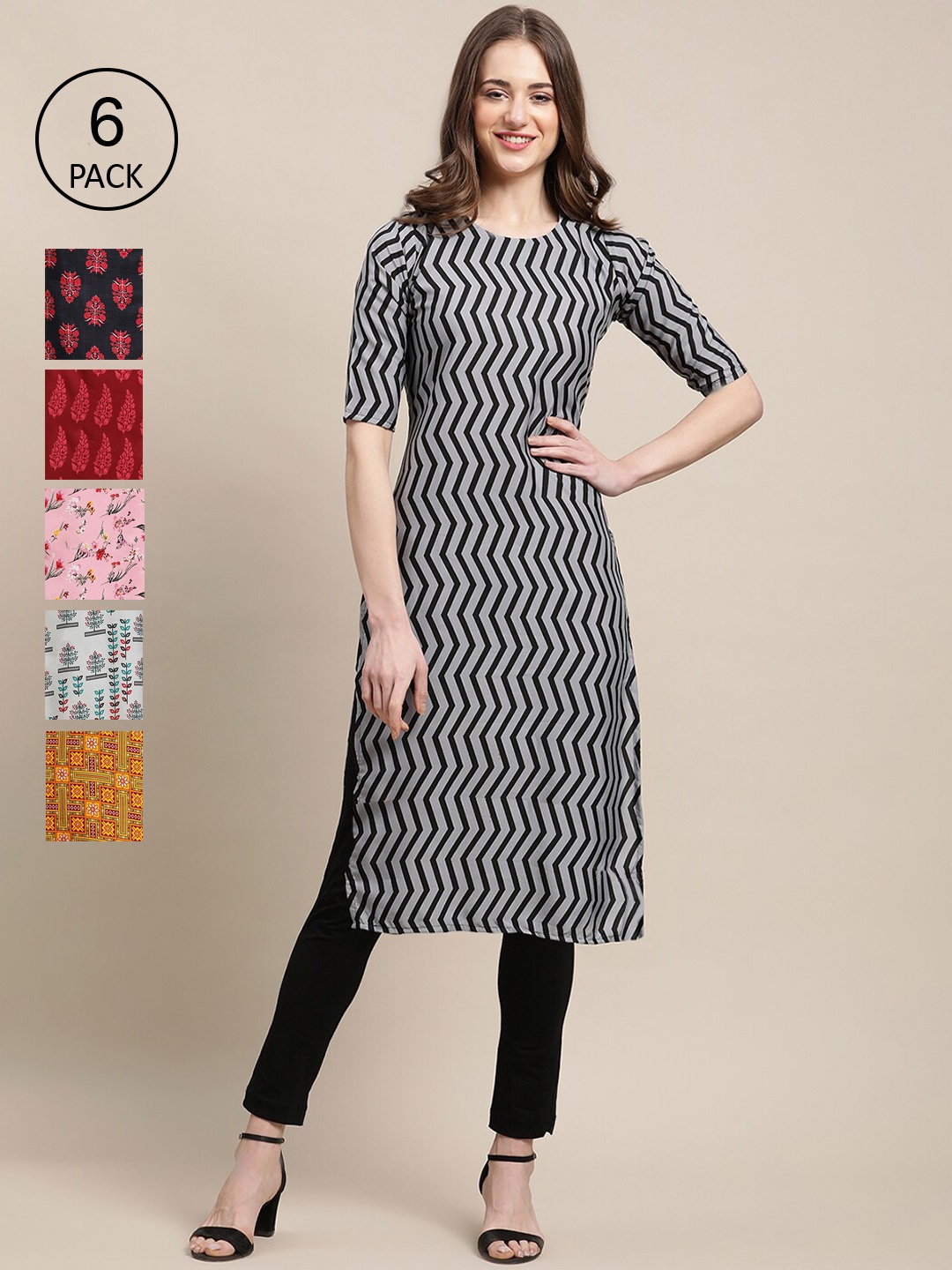 7Threads Women Pack Of 6 Printed Crepe Kurta, Multi
