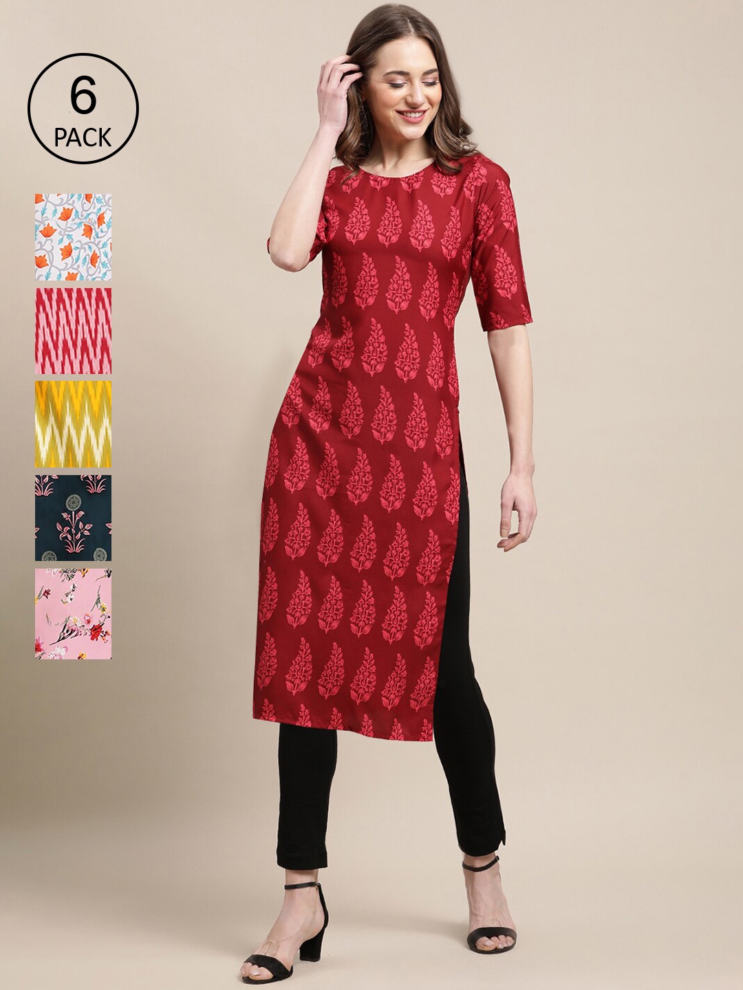 

7Threads Women Pack of 6 Floral Printed Summer Sheers Crepe Kurtas, Red