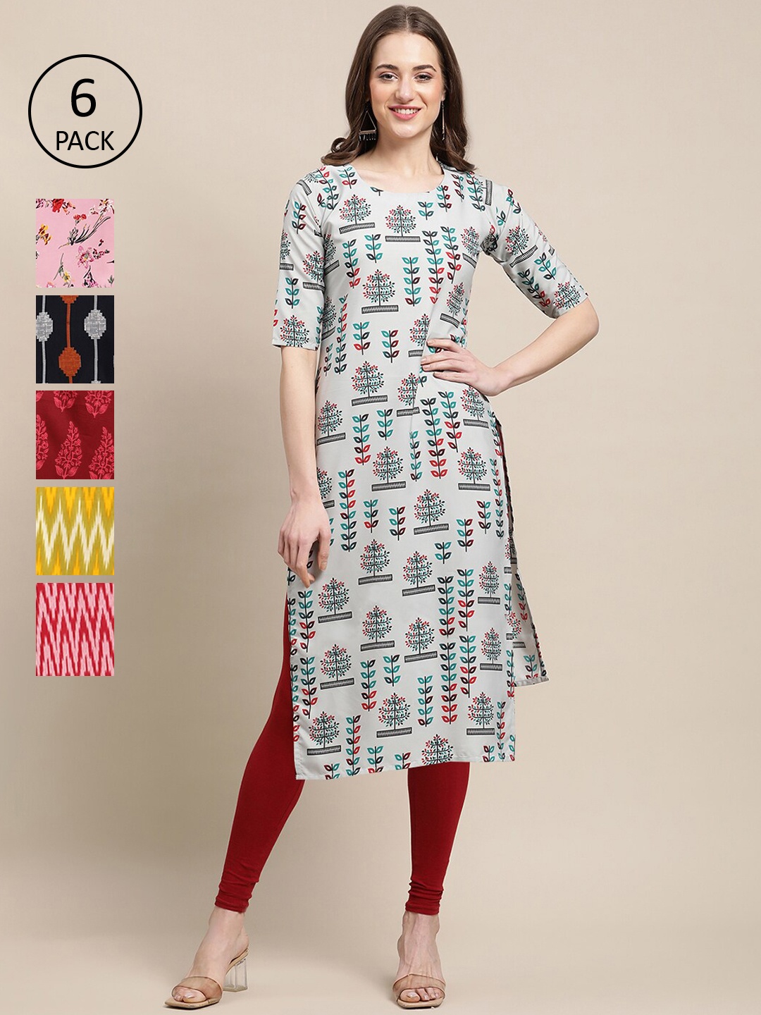 

7Threads Women Pack of 6 Ethnic Motifs Printed Crepe Kurta, Pink