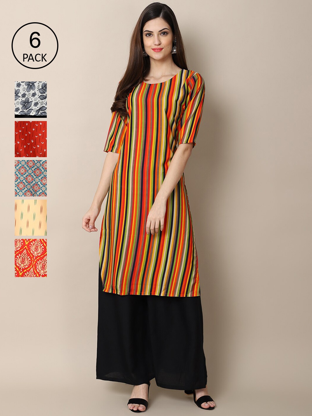 

7Threads Pack Of 6 Women Printed Straight Crepe Kurta, White