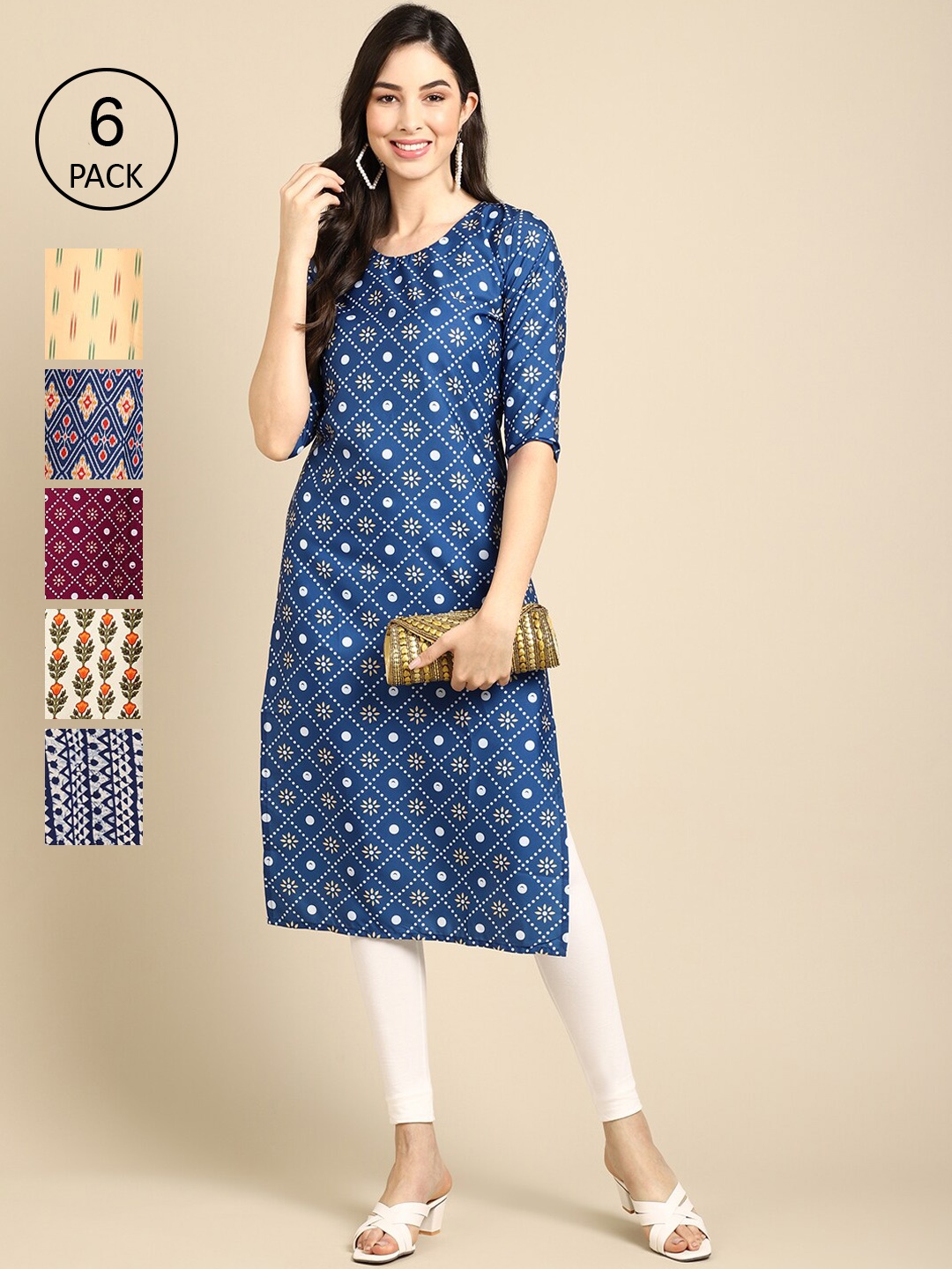7Threads Pack Of 6 Women Printed Straight Crepe Kurta, Blue