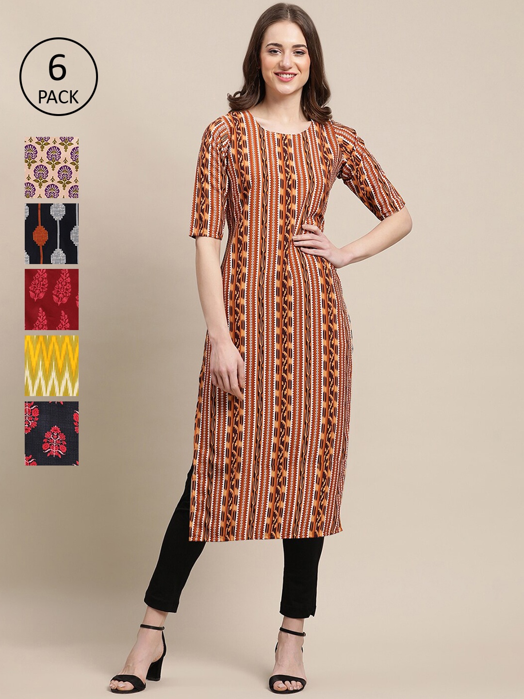 

7Threads Pack Of 6 Women Printed Straight Crepe Kurta, Red