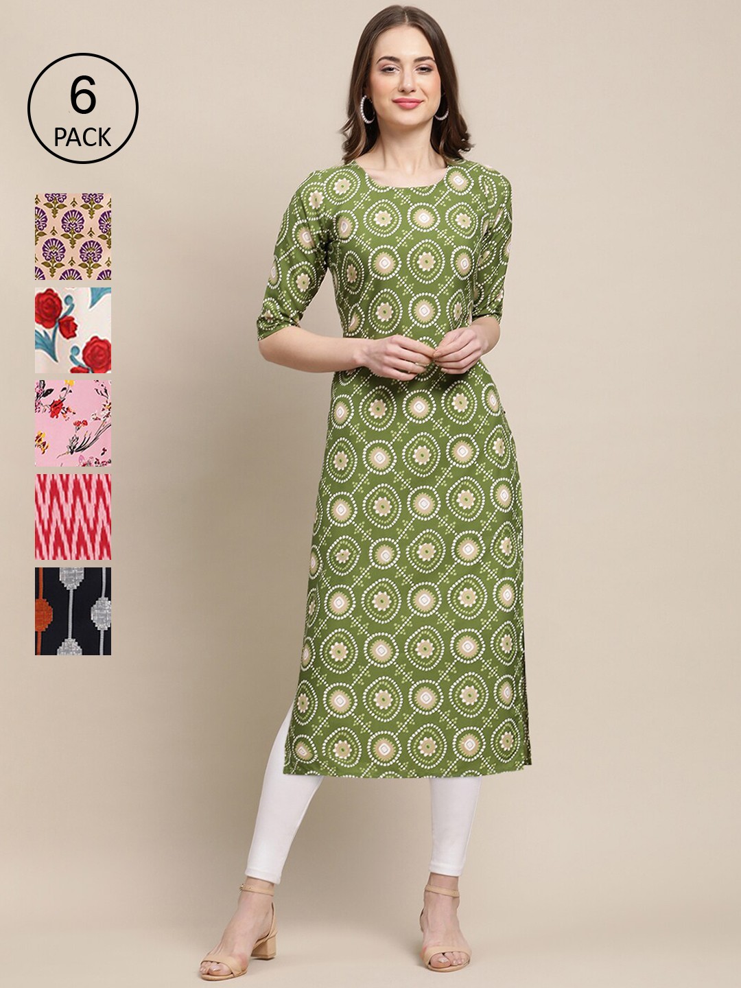 

7Threads Pack Of 6 Women Printed Straight Crepe Kurta, Pink