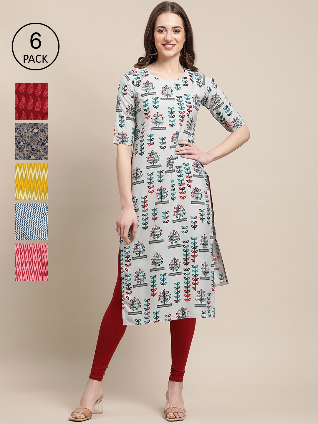 

7Threads Women Pack Of 6 Printed Crepe Straight Kurta, Red