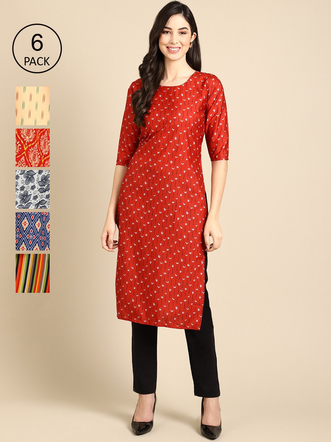 

7Threads Women Pack Of 6 Printed Crepe Straight Kurta, Red