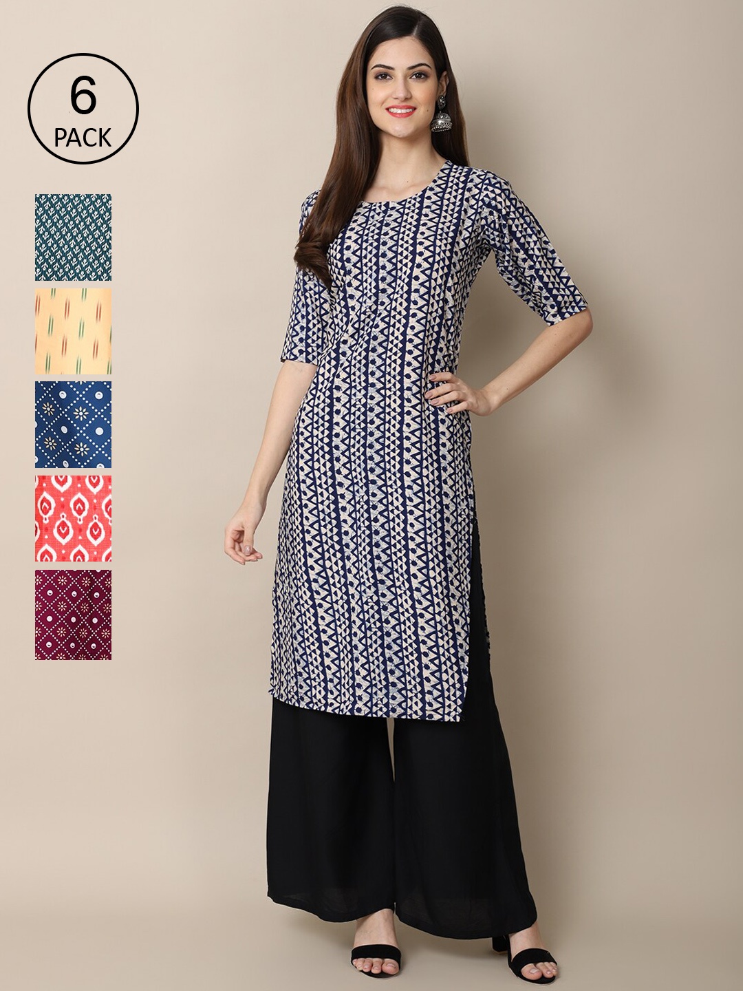 7Threads Women Pack Of 6 Printed Crepe Straight Kurta, Blue