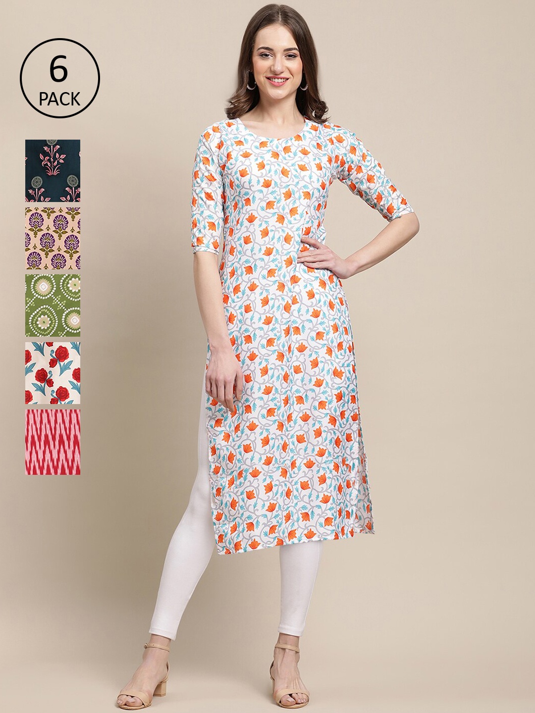 

7Threads Women Pack of 6 White & Green Ethnic Motifs Printed Crepe Kurta
