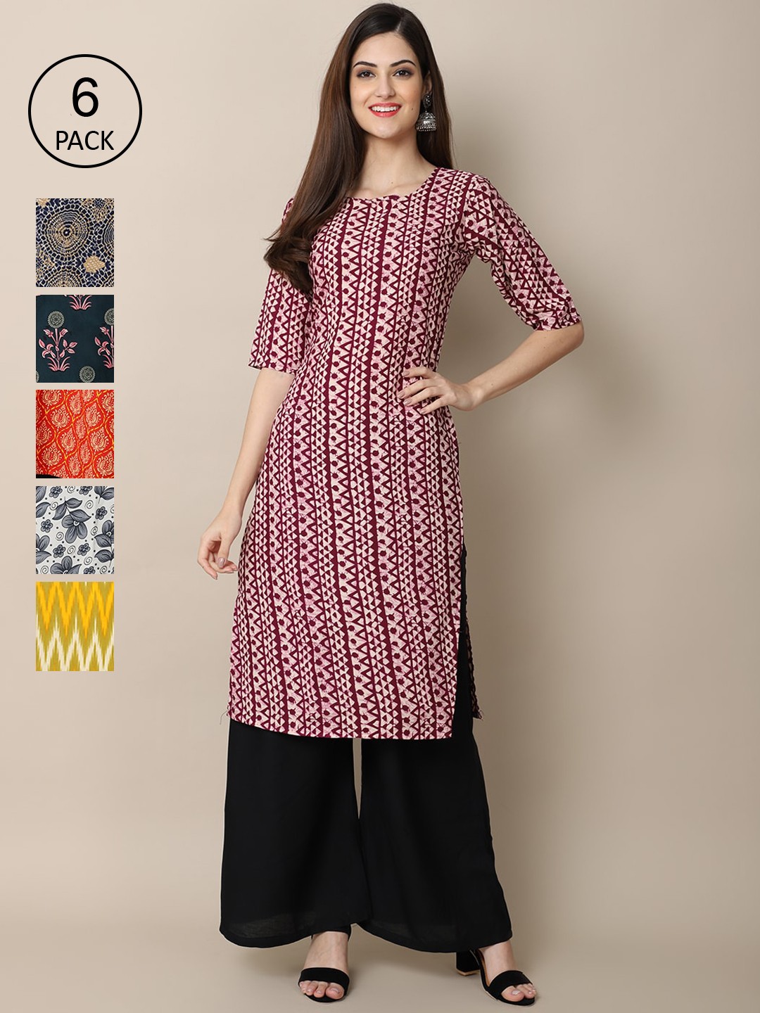 

7Threads Women Pack of 6 Green & Orange Ethnic Motifs Printed Crepe Kurta