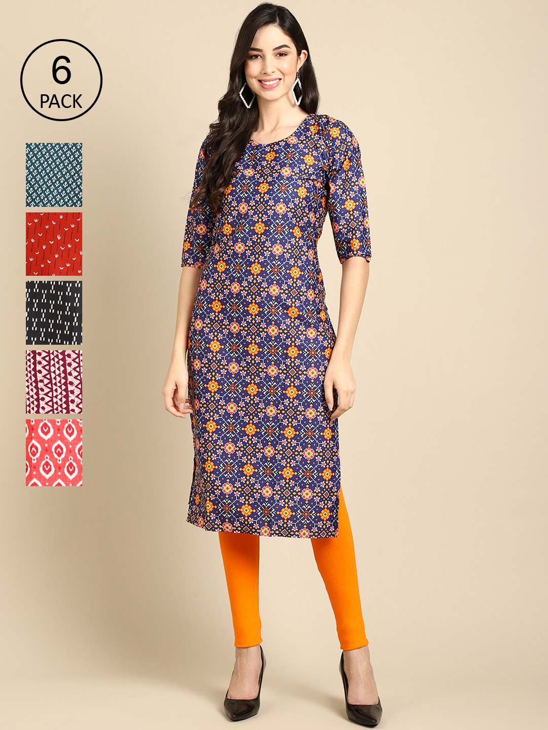 

7Threads Women Pack of 6 Digital Printed Crepe Straight Kurtas, Blue