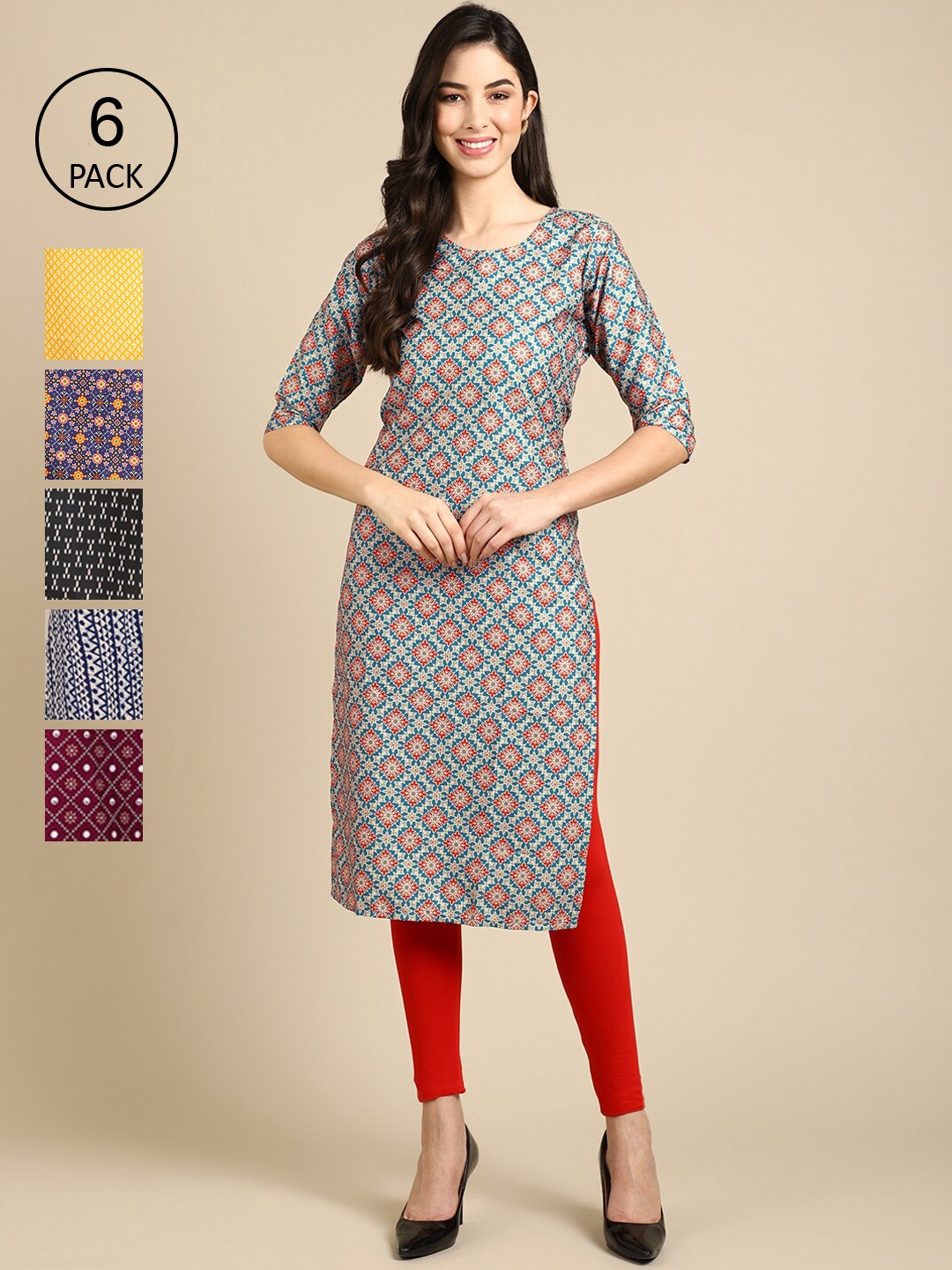7Threads Women Pack Of 6 Digital Printed Crepe Straight Kurtas, Yellow