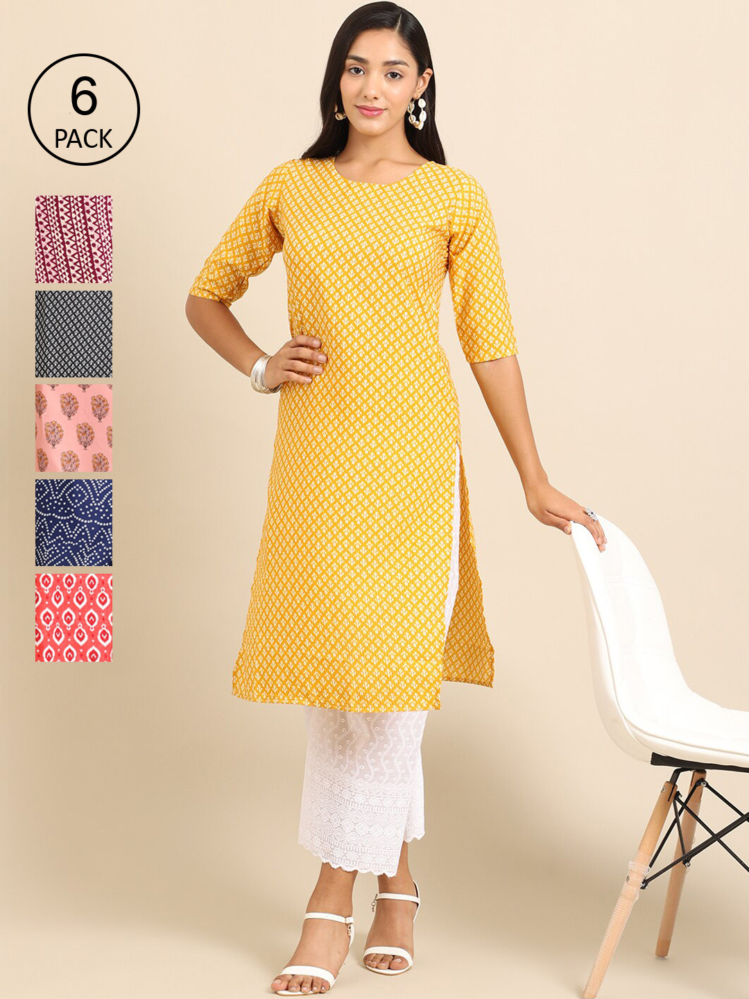 

7Threads Women Pack Of 6 Multicoloured Geometric Printed Summer Sheers Crepe Kurta, Multi