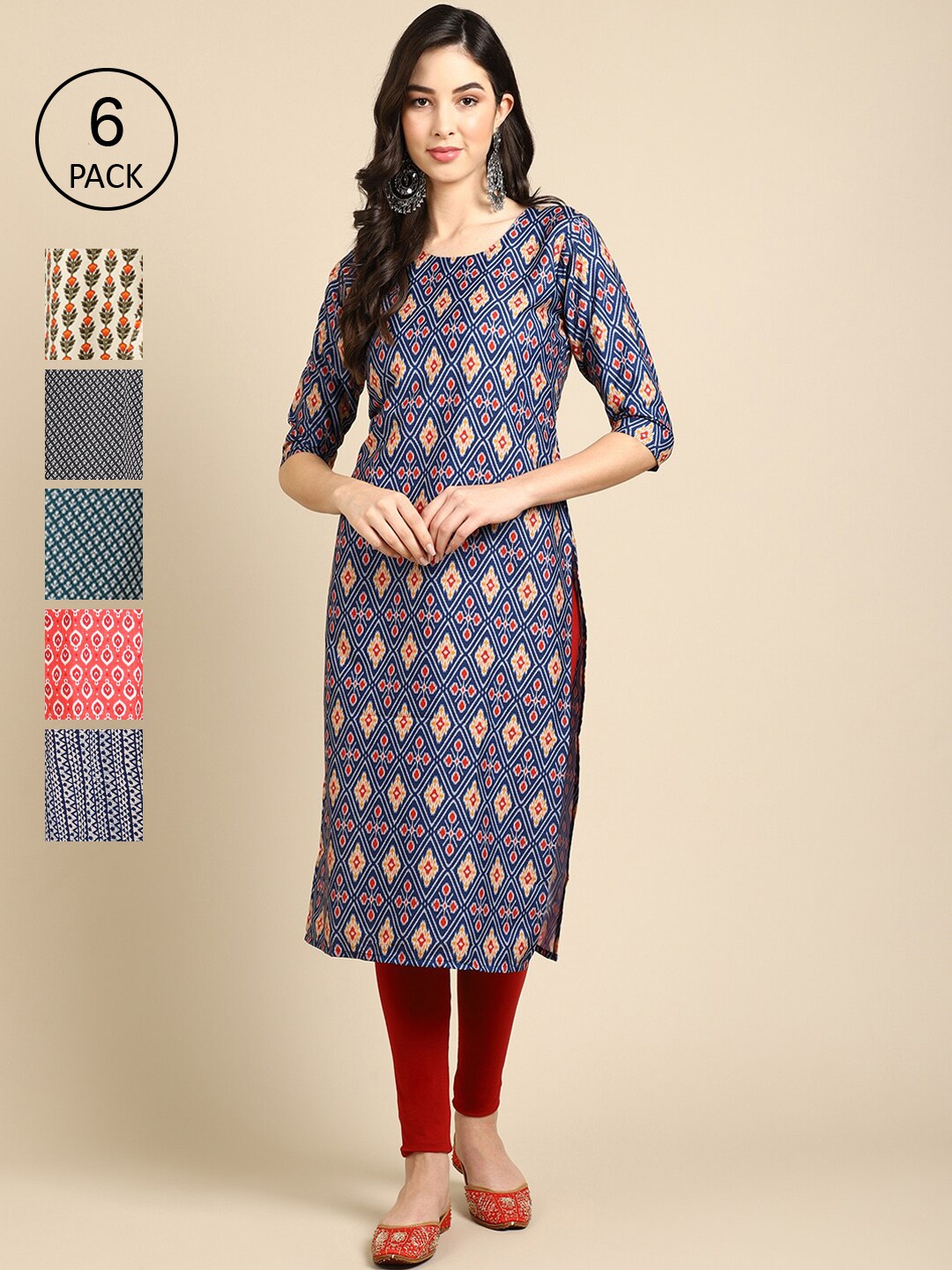 

7Threads Pack of 6 Women Navy Blue & Beige Floral Printed Floral Crepe Kurta