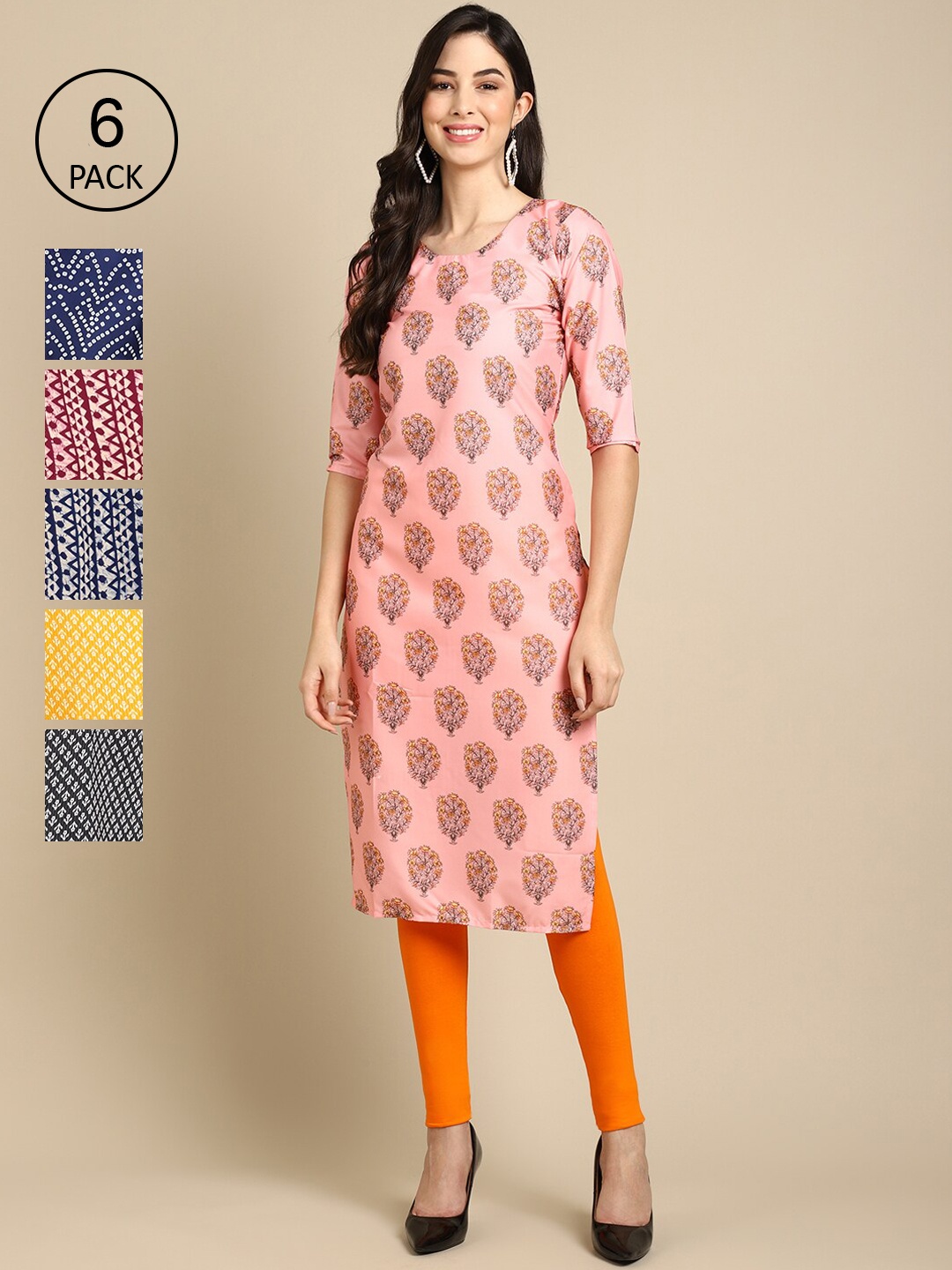 

7Threads Pack of 6 Women Blue & Pink Geometric Printed Summer Sheers Crepe Kurta