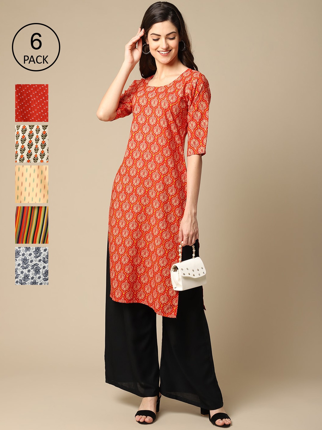 

7Threads Women Pack Of 6 Geometric Printed Crepe Kurta, Red