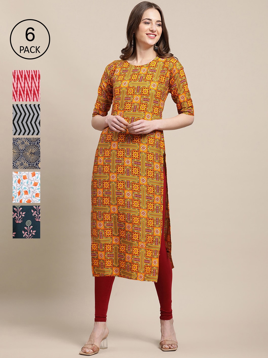 

7Threads Women Pack of 6 Digital Printed Crepe Straight Kurtas, Mustard