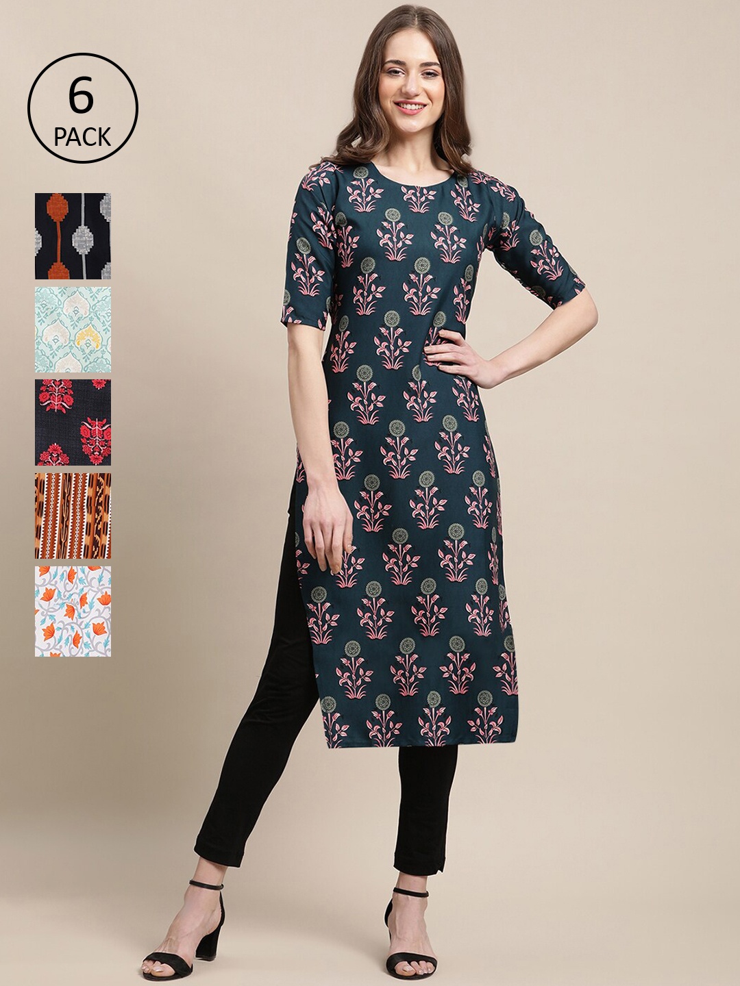 

7Threads Women Pack of 6 Digital Printed Crepe Straight Kurtas, Black