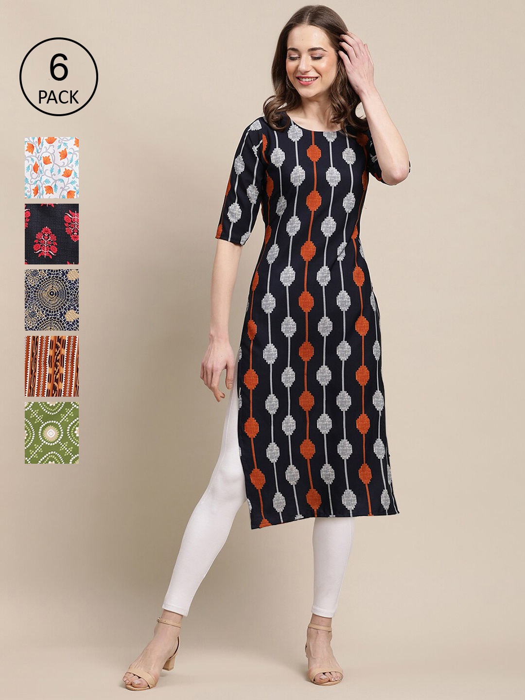 7Threads Women Black & Red Pack Of 6 Geometric Printed Summer Sheers Crepe Kurta