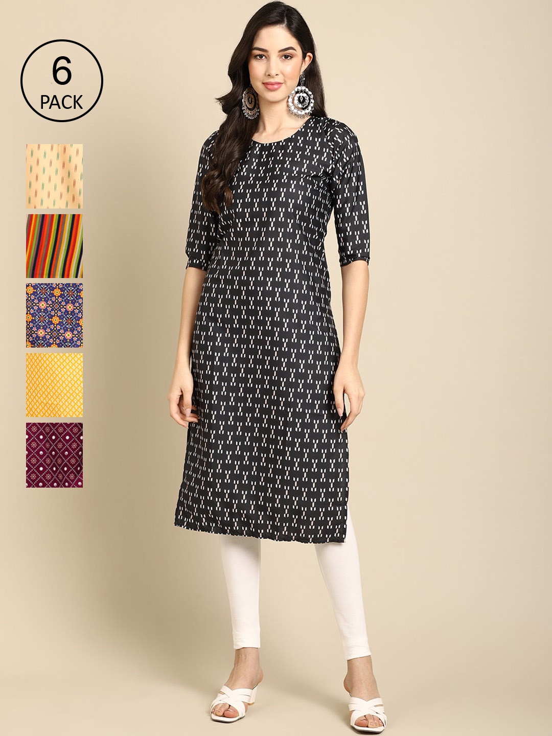 

7Threads Pack of 6 Women Black & Yellow Ethnic Motifs Printed Crepe Kurta