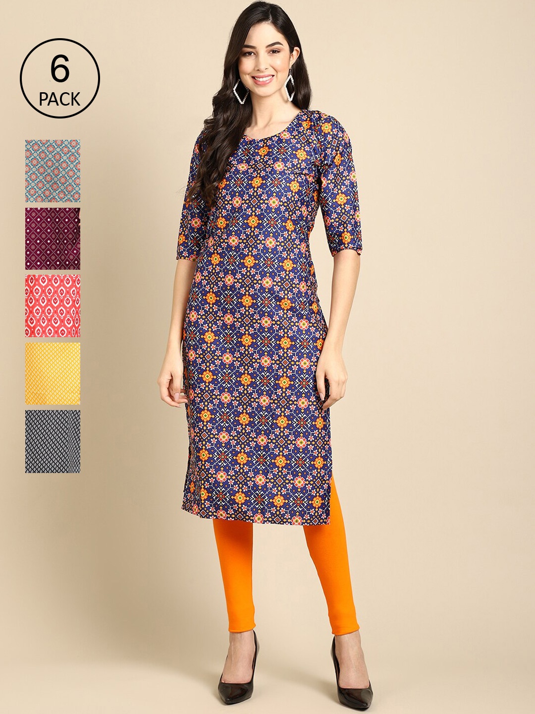 

7Threads Pack of 6 Women Blue & Yellow Ethnic Motifs Printed Crepe Kurtas