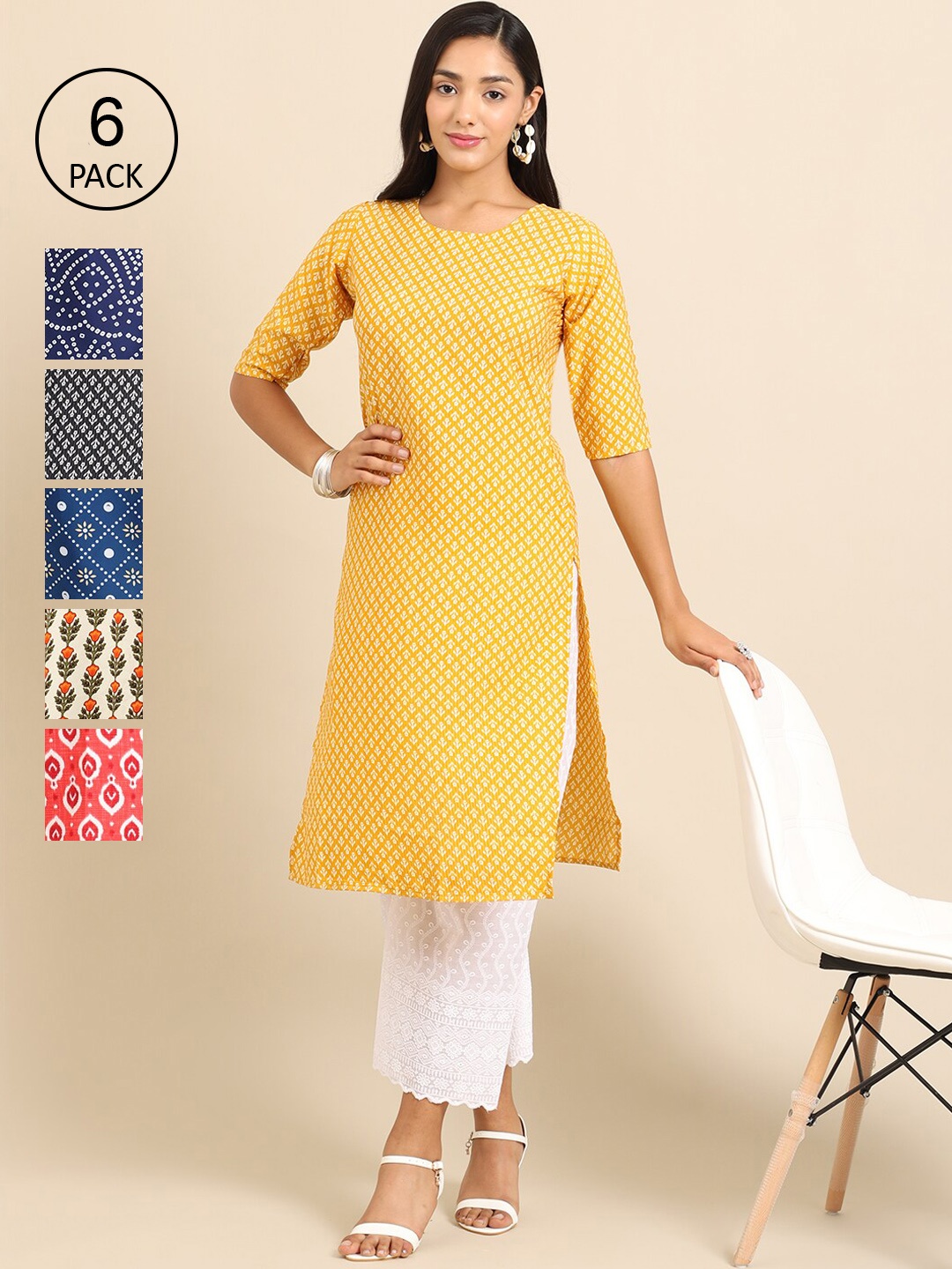 7Threads Women Pack Of 6 Yellow & Blue Printed Crepe Kurta