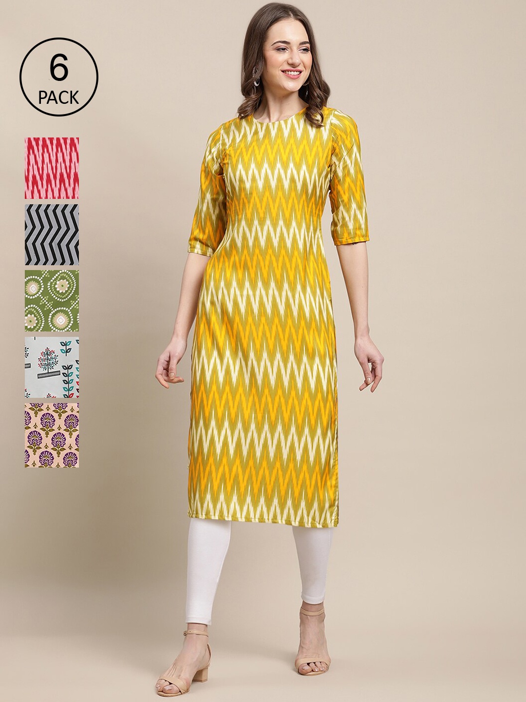 

7Threads Women Pack Of 6 Yellow & Red Printed Crepe Kurta