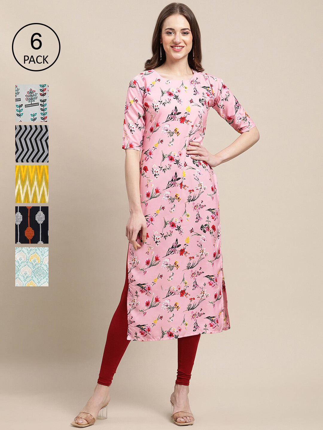 

7Threads Women Pack Of 6 Ethnic Motifs Printed Crepe Kurta, Pink