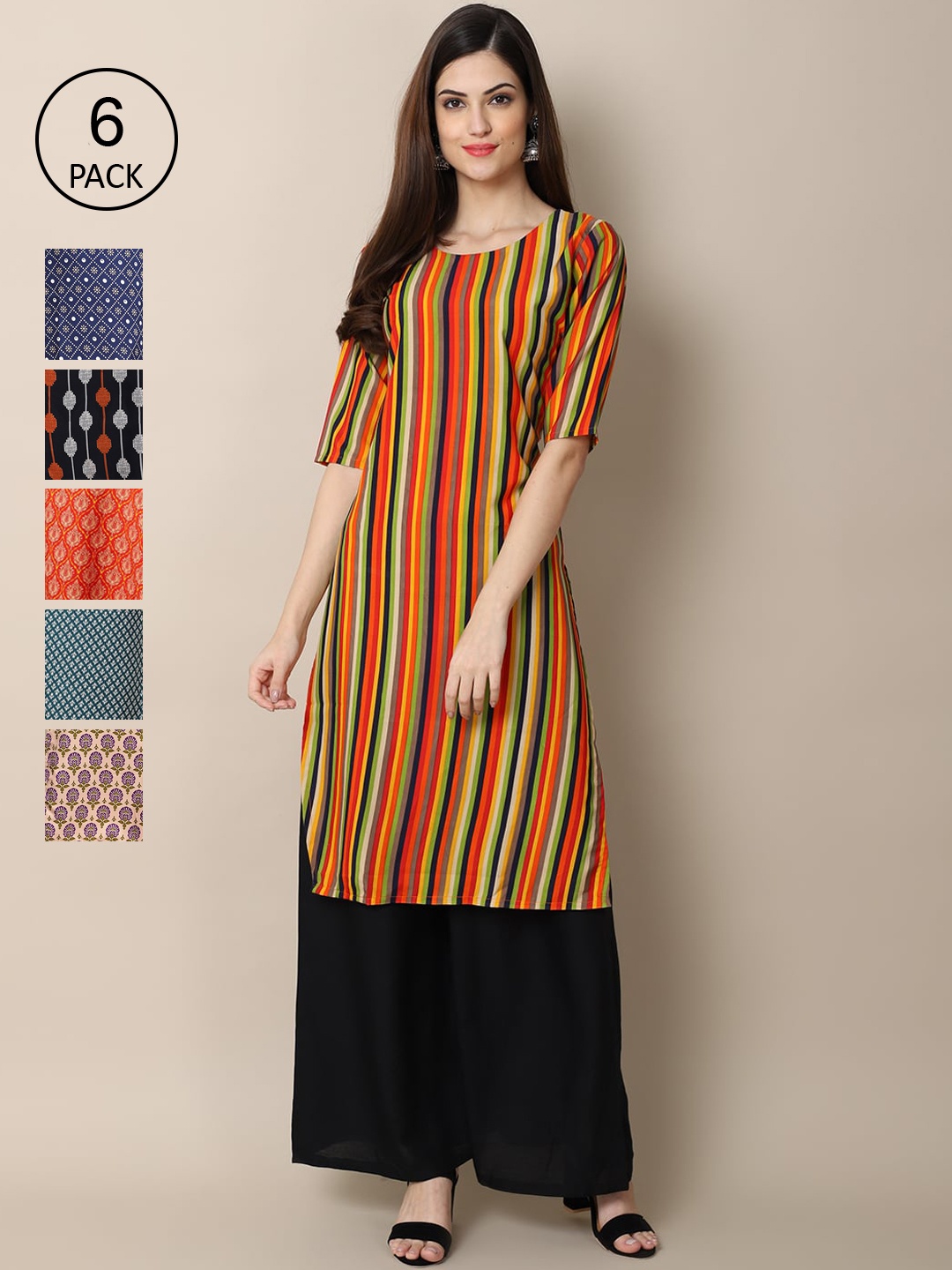 

7Threads Women Pack Of 6 Printed Thread Work Crepe Kurta, Black