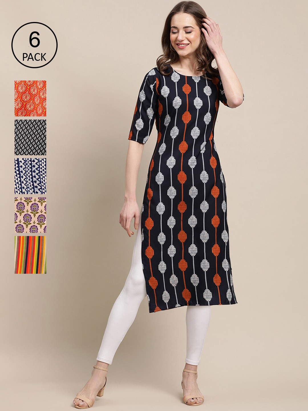 

7Threads Women Pack of 6 Geometric Printed Summer Sheers Crepe Kurta, Black